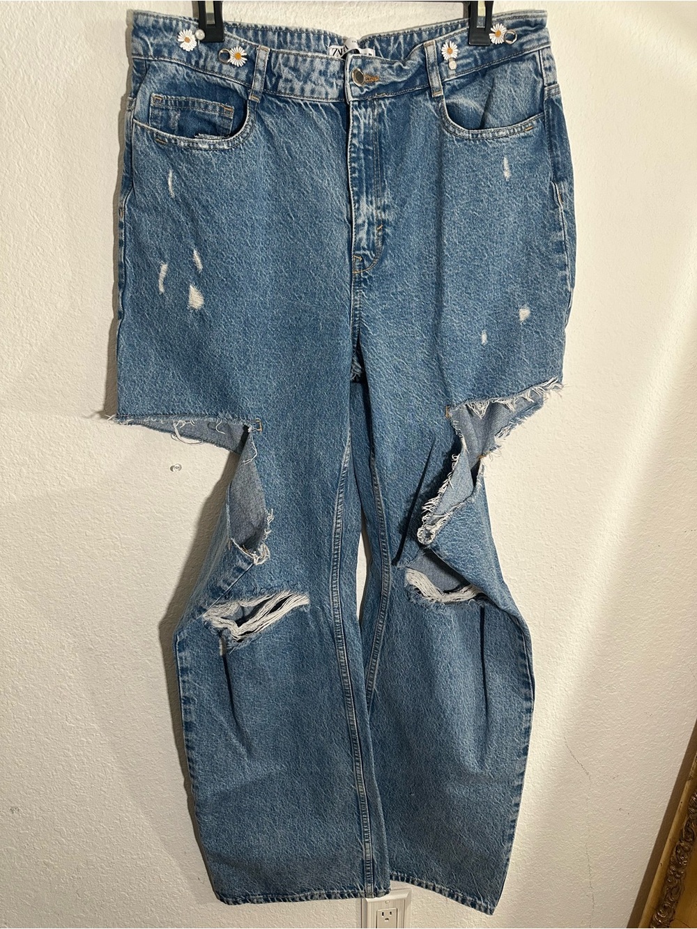 New Zara Deconstructed High Adjustable Waist Jeans Sunflower Charms Size 12
